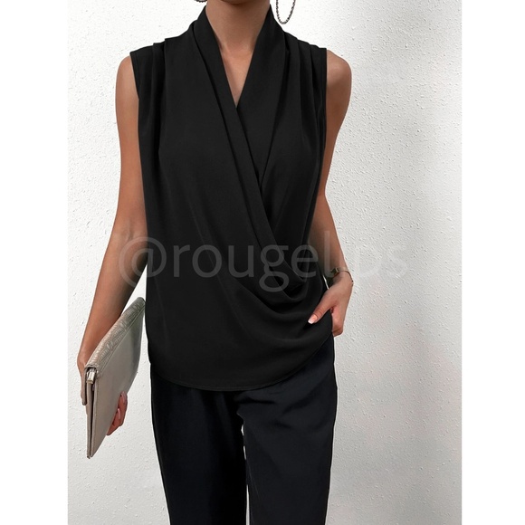 Black Draped Sleeveless Surplice V-Neck Blouse Top - Picture 5 of 7